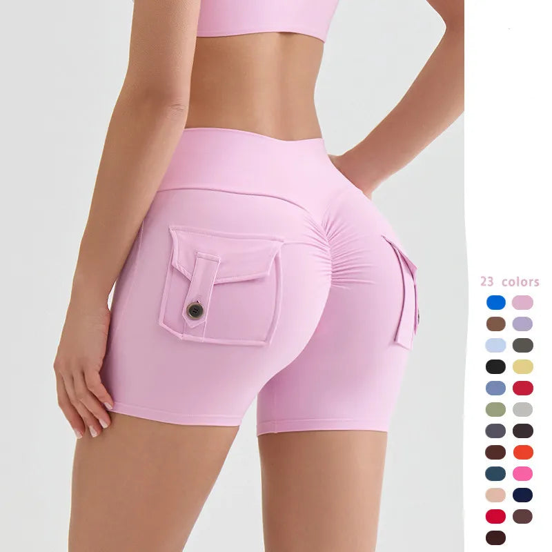 Scrunch Women Button Booty Pocket Sports Yoga Shorts Cycling Jogging Fitness High Waist Squat Proof Gym Active Leggings XP89