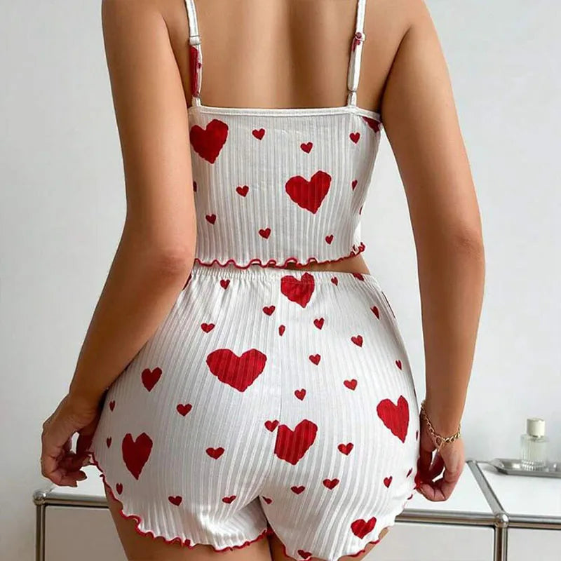 Women's Pajamas Set Sleepwear 2 PCS Short Tank Tops and Shorts S M L White Ventilate Soft Casual Love Printing